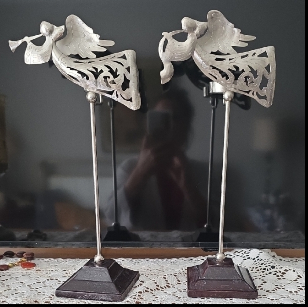 15.5" India Handcrafted Engraved Silver Angel Figurines on Wood Stands Old
